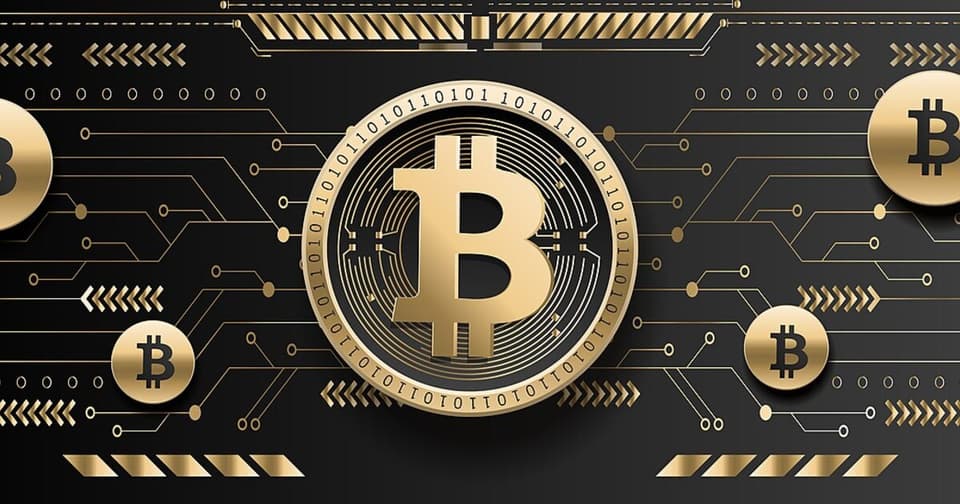 Abstract design of gold Bitcoin coins and digital network structure