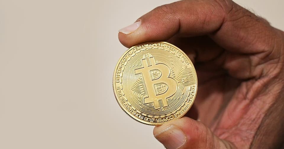 A human hand holding a Bitcoin coin