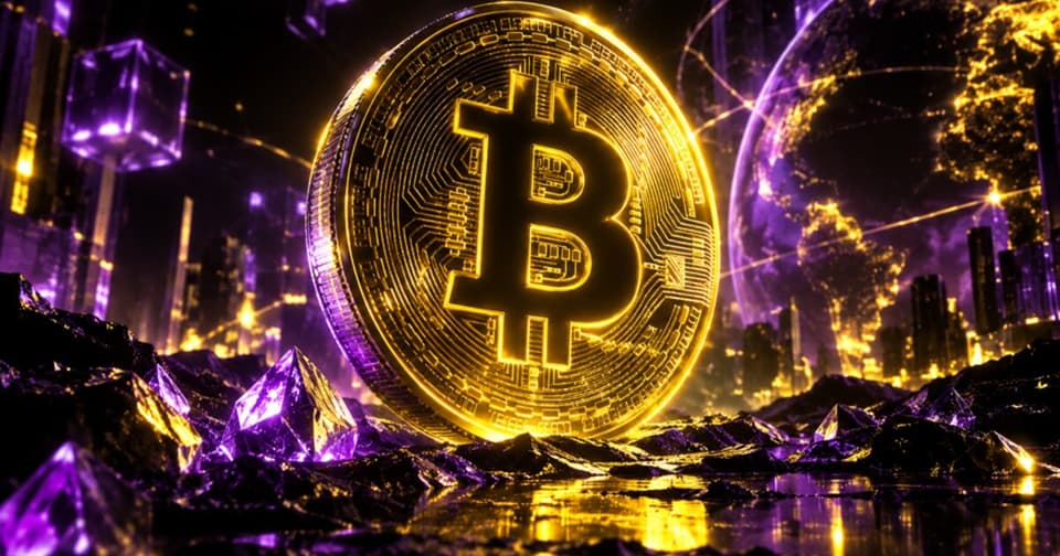 Bitcoin madeni parasının şehir silueti ve mor-sarı ışık efektleriyle stilize edilmiş 3D render görseli.