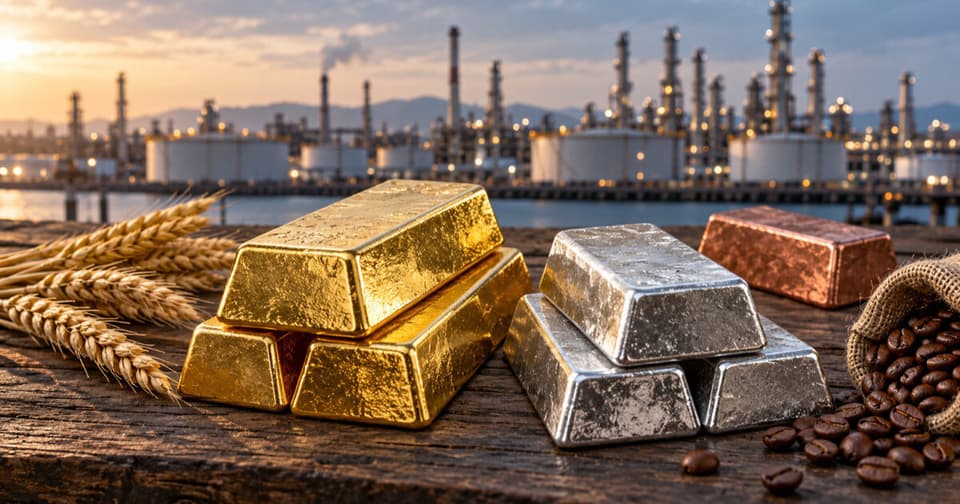 Design rendering of an industrial refinery facility with gold, silver, and copper ingots.