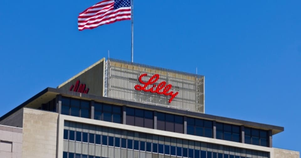 Eli Lilly'nin kurumsal binası ve ABD bayrağı